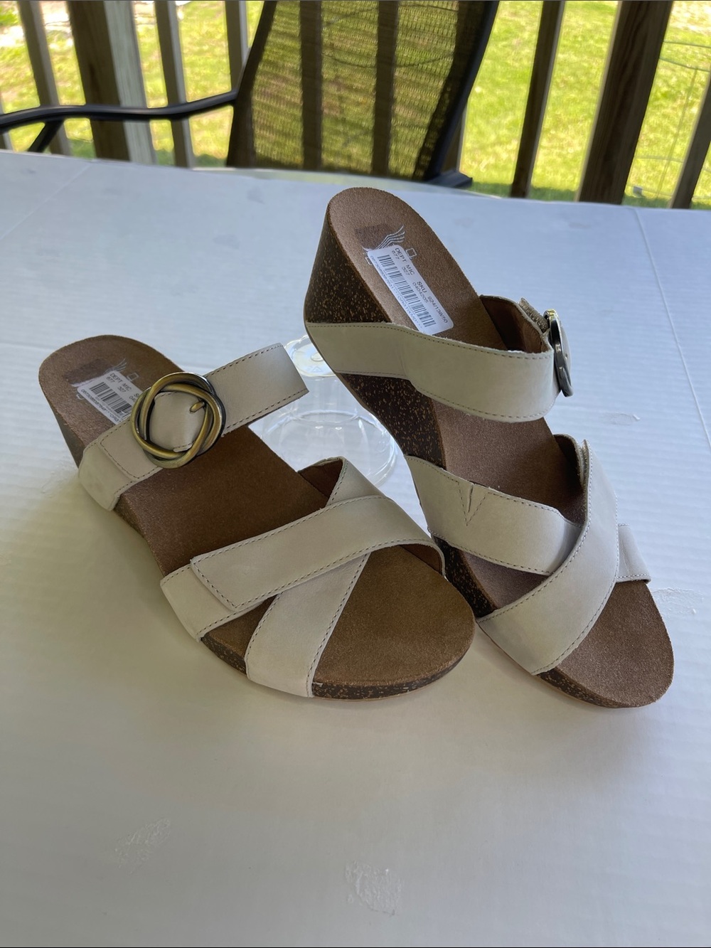 Dansko Cream Leather Wedge Sandals with Buckle